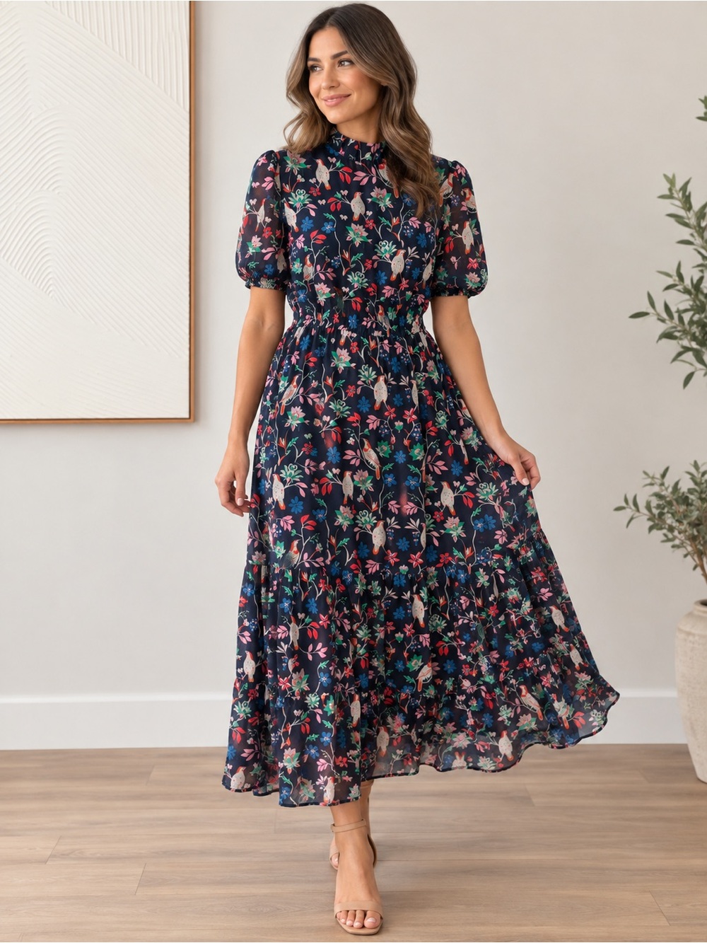 Boden Puff sleeve tiered dress in Navy berry bird pattern sz 10R - Picture 5 of 5